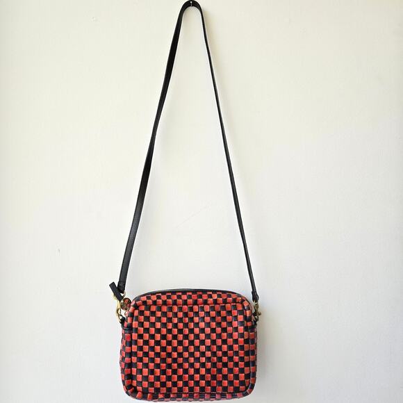 Clare Vivier V Midi Sac Red Black Checker Woven Leather Crossbody Purse EUC Rare - Picture 2 of 16